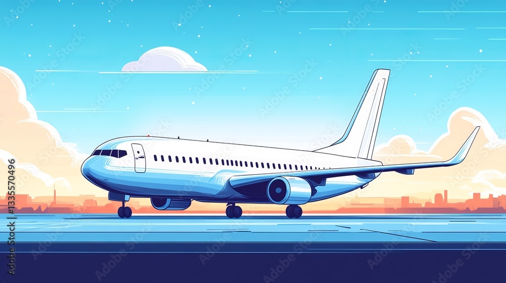 A simple flat illustration of a sky-blue airplane on a runway with a bright, colorful sky in the background A simple flat illustration of a sky-blue airplane on a runway with a bright, colorful sky in the background