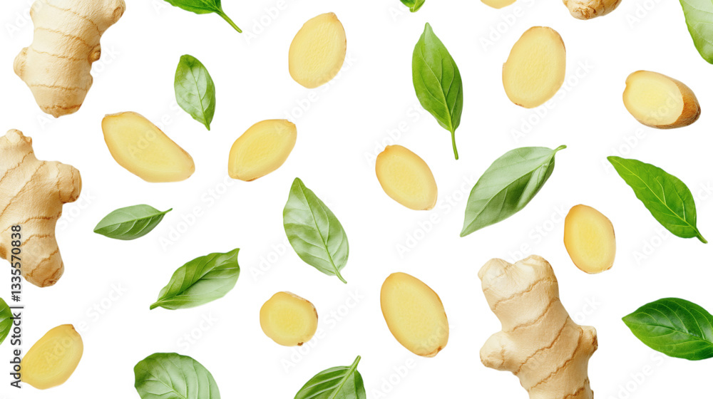 Fresh ginger with sliced and green leaves isolated on white background Fresh ginger with sliced and green leaves isolated on white background