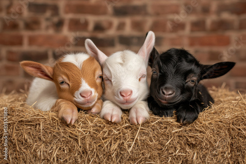 Three baby goats are laying on hay in a barn