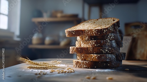Stacked slices of bread on a wooden surface in kitchen