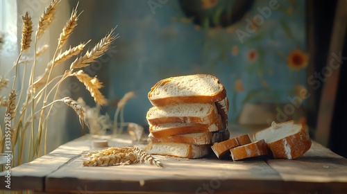 Freshly sliced bread and wheat stalks on a wooden table