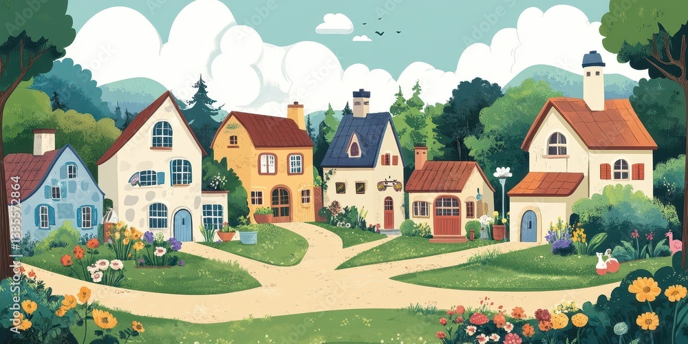 Naklejka premium A charming illustration of a peaceful idyllic village landscape scene