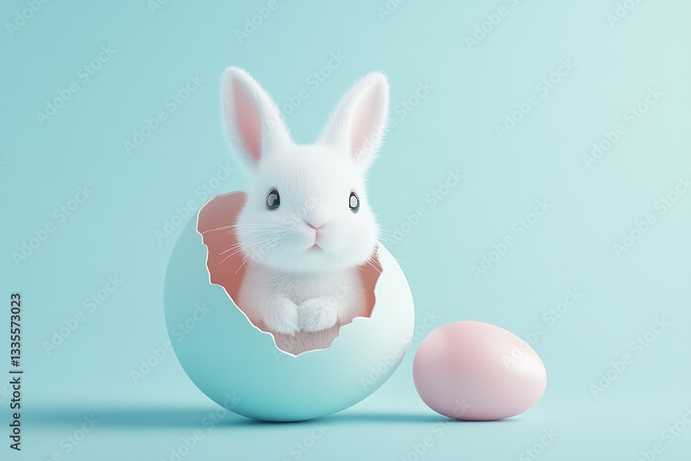 Fototapeta premium Adorable white bunny peeking out of a pastel blue egg with a pink egg beside it : Generative AI