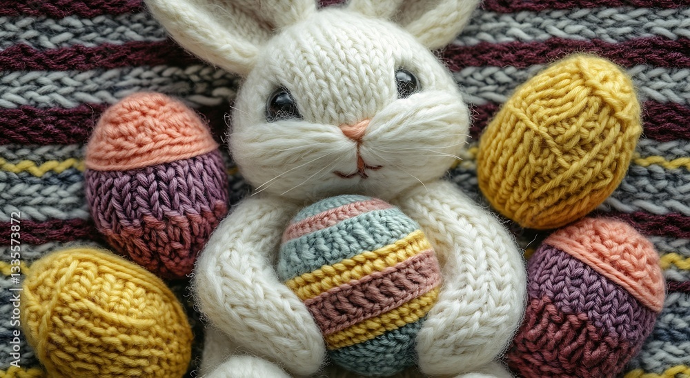 Cute knitted rabbit cuddling colorful eggs in various patterns against a vibrant textured background for spring : Generative AI Cute knitted rabbit cuddling colorful eggs in various patterns against a vibrant textured background for spring : Generative AI
