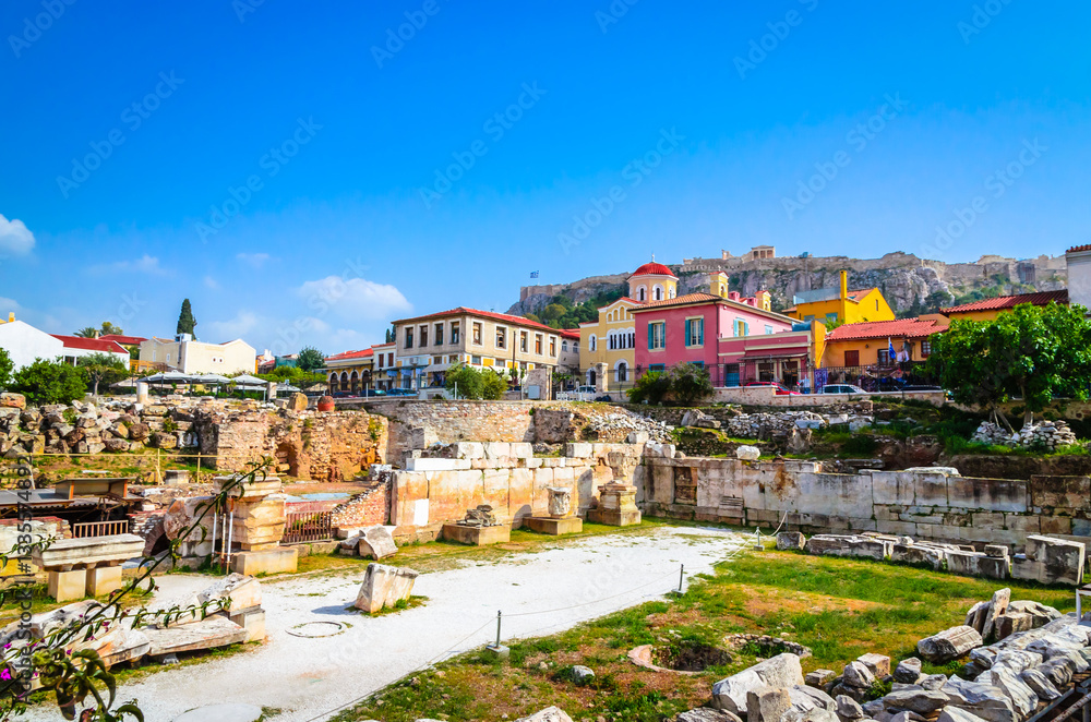 Beautiful Hadrian's Library in Monastiraki square, Plaka District, Athens, Greece.