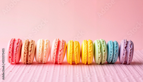 Colorful macarons lined up on pastel pink background