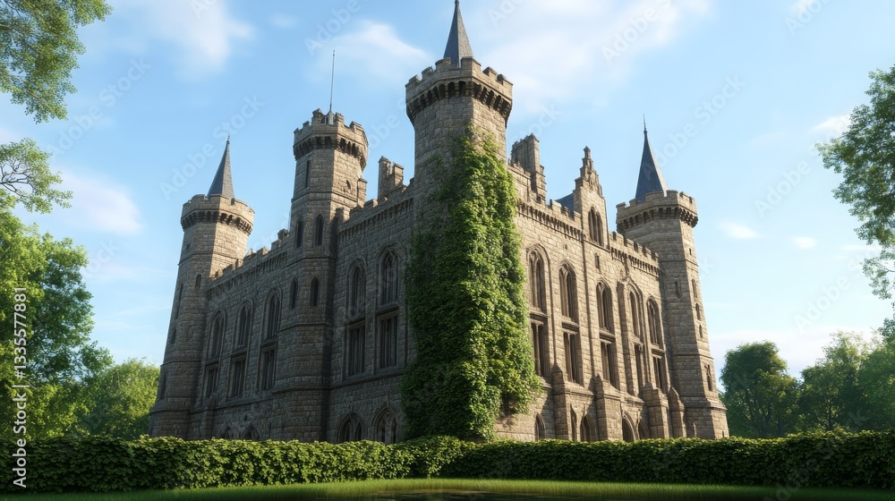 Obraz premium Majestic Stone Castle with Ivy Walls Lush Greenery Sunny Day