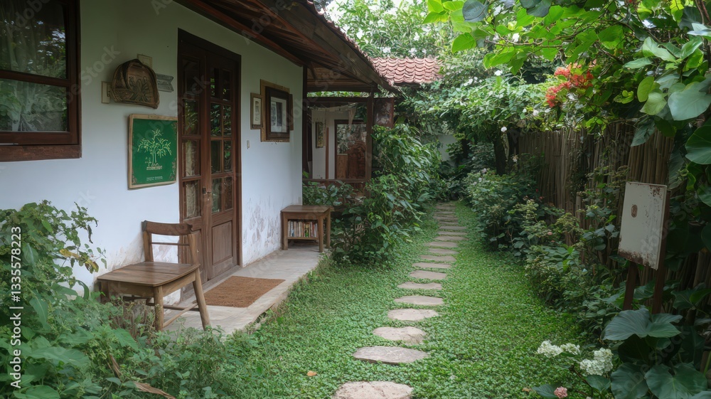 Stone Pathway Through Lush Green Garden Leading to Whitewashed Buildings Stone Pathway Through Lush Green Garden Leading to Whitewashed Buildings