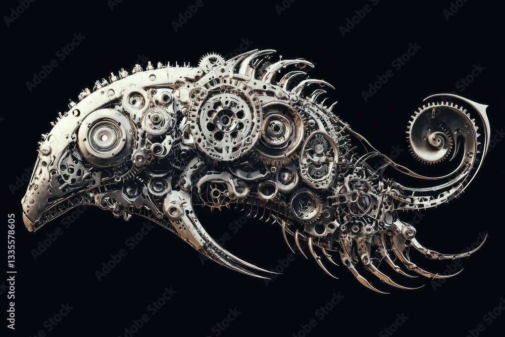 Obraz premium Mechanical fish sculpture composed entirely of various metal gears and parts