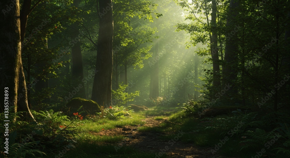 Obraz premium Serene Sunlit Path Through Lush Green Forest Tranquil Nature Scene