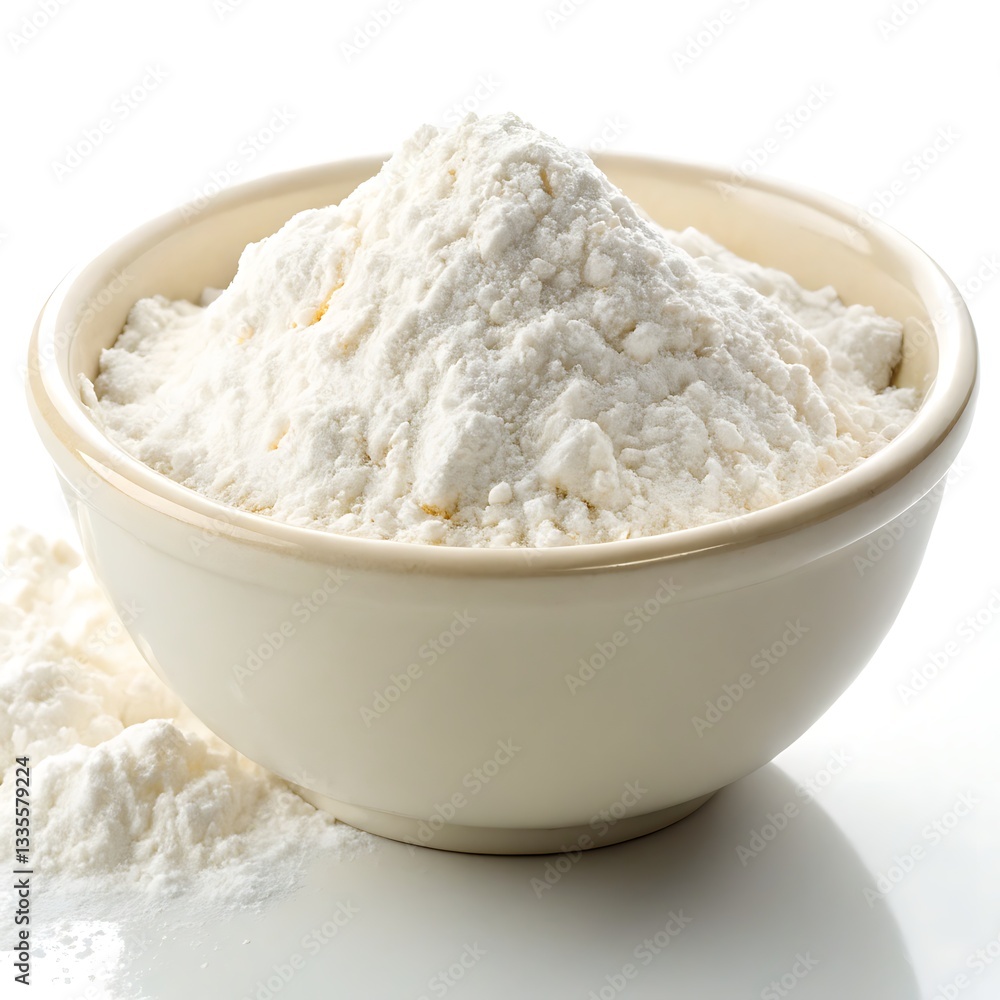 A Pristine Mound Of Flour Rests In A Creamy Bowl, Ready For Baking Adventures, Showcasing Its Soft, Powdery Texture Against A Bright White Background A Pristine Mound Of Flour Rests In A Creamy Bowl, Ready For Baking Adventures, Showcasing Its Soft, Powdery Texture Against A Bright White Background