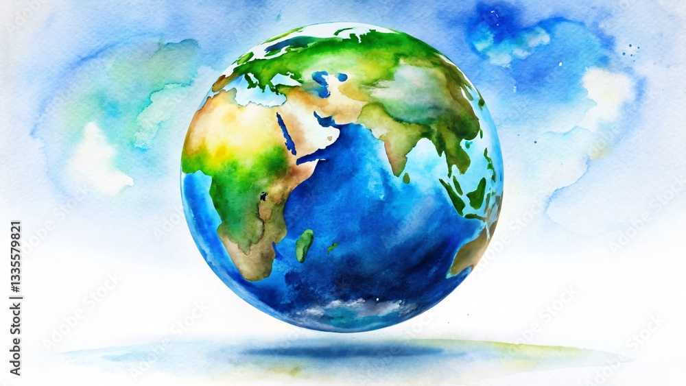 Naklejka premium Watercolor painting of the earth showing continents and oceans in blue and green, a beautiful artistic representation of our planet