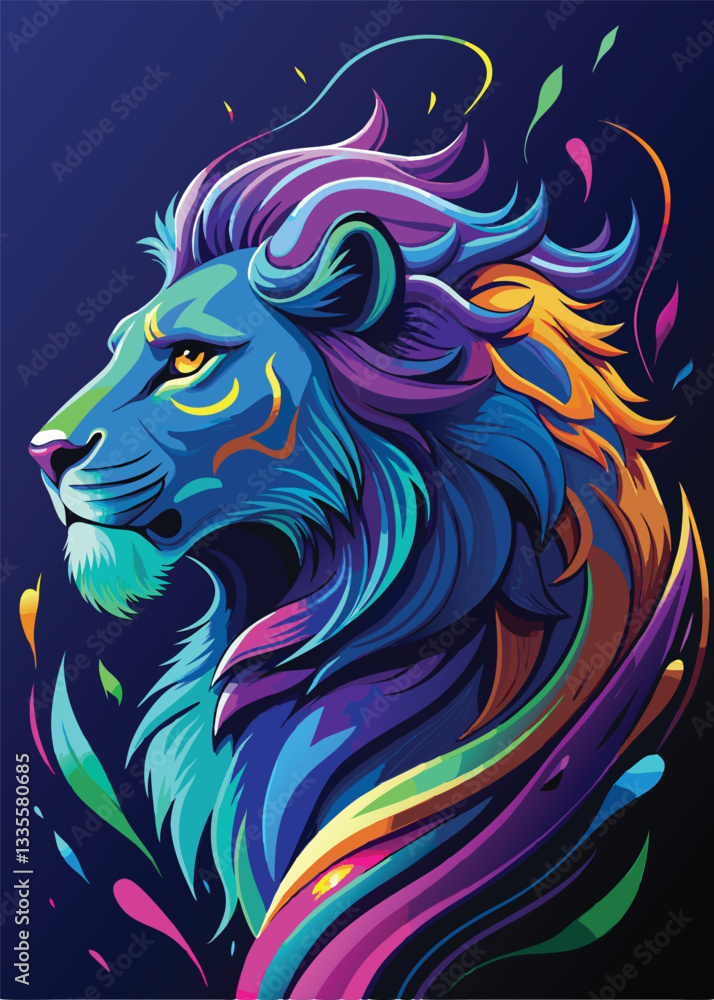 Fototapeta premium Lion head with colorful stripes. Vector illustration isolated on dark background.