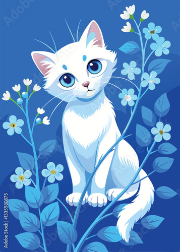 Vector illustration of a white cat sitting on a blue background with flowers