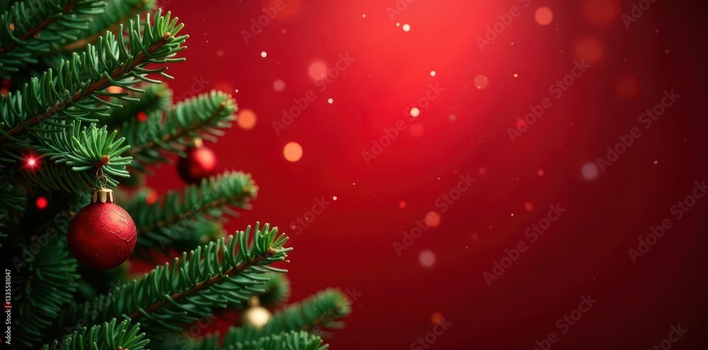 Obraz premium Deep green pine branches, sparkling red backdrop, glossy, shiny, winter