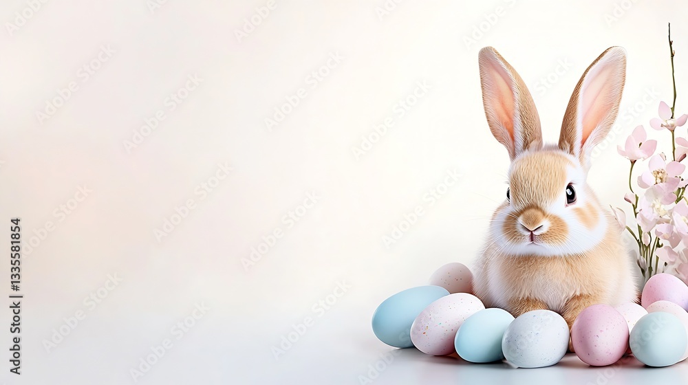 Fototapeta premium Endearing rabbit surrounded by beautifully colored eggs and gentle blossoms in a calming backdrop : Generative AI