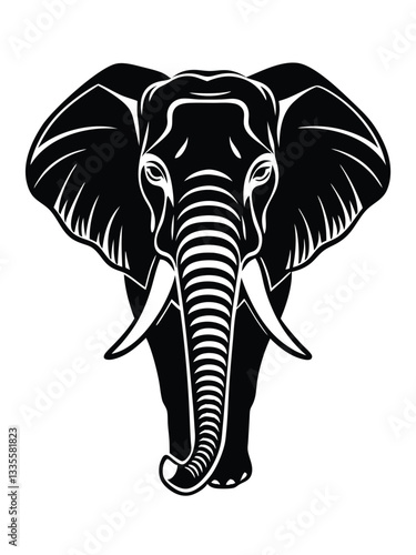Elephant head isolated on white background. Black and white vector illustration.