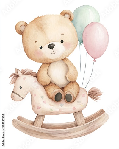 Adorable teddy bear riding a rocking horse with pastel balloons creating a playful scene : Generative AI
