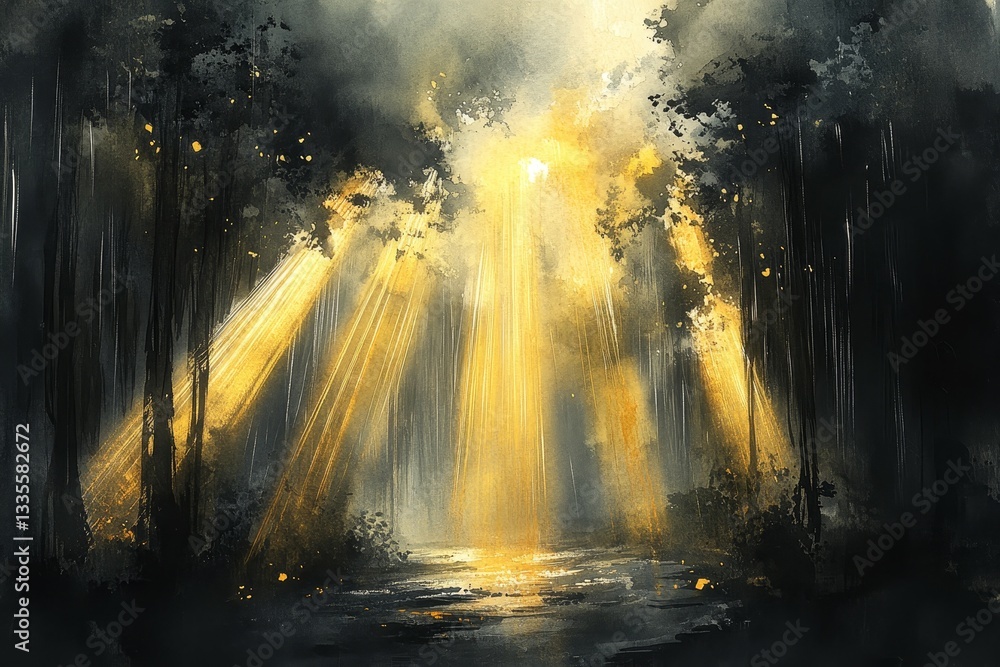 Fototapeta premium Golden Rays After the Storm, Sunshine breaking through clouds