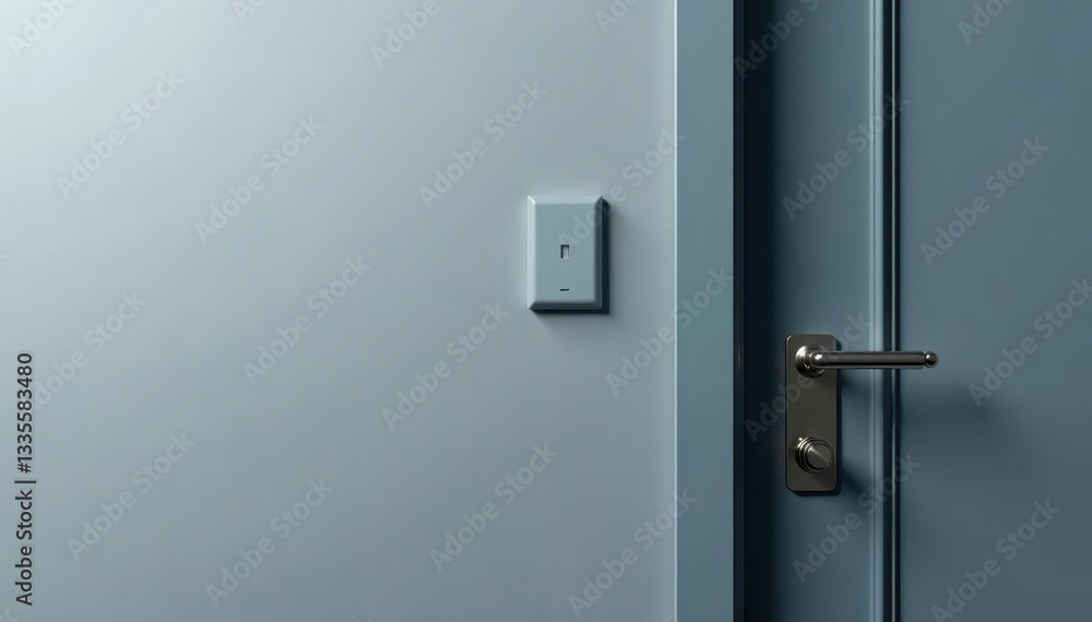 Gray wall, textured surface, light switch near door, metallic handle, metal handle, room Gray wall, textured surface, light switch near door, metallic handle, metal handle, room