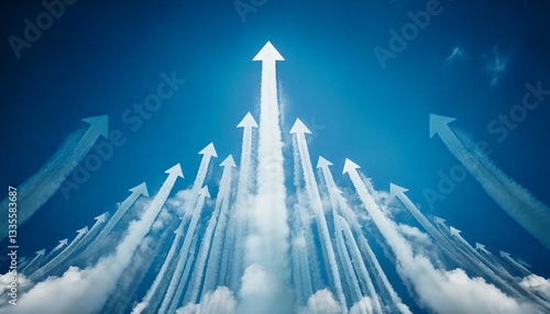 上昇や成長をイメージする青空と真上に向かって伸びる矢印