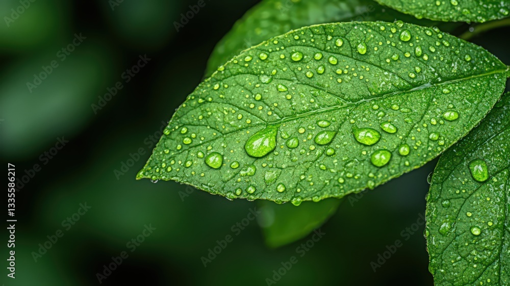 Closeup of Dewy Green Leaves With Dark Background Closeup of Dewy Green Leaves With Dark Background