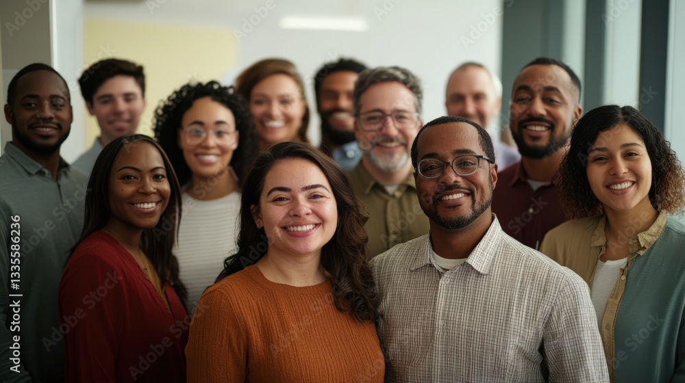Group of diverse individuals smiling together in an office during a team-building event in the afternoon Group of diverse individuals smiling together in an office during a team-building event in the afternoon