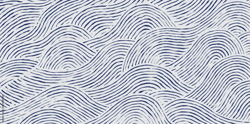 Crafted hand drawn wave brush line abstract pattern in white and indigo blue, Japanese and ethnic, tribal wood carving, block print textured surface background, simple graphic for carpet, textile