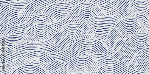 Crafted hand drawn wave brush line abstract pattern in white and indigo blue, Japanese and ethnic, tribal wood carving, block print textured surface background, simple graphic for carpet, textile