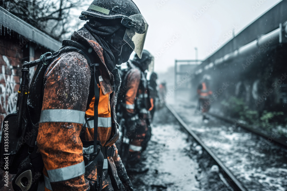 Obraz premium A group of firefighters are standing on a train track in the rain