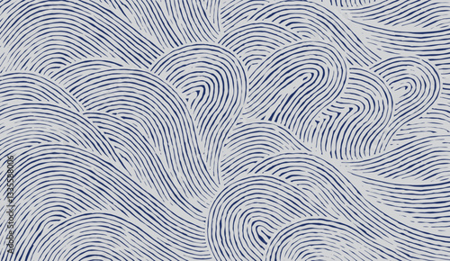 Crafted hand drawn wave brush line abstract pattern in white and indigo blue, Japanese and ethnic, tribal wood carving, block print textured surface background, simple graphic for carpet, textile