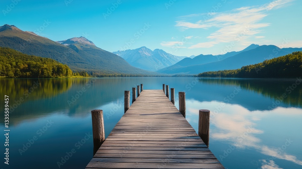 Naklejka premium A scenic wooden pier extending into a serene lake, surrounded by mountains, with a clear summer sky and calm waters reflecting the beauty of nature