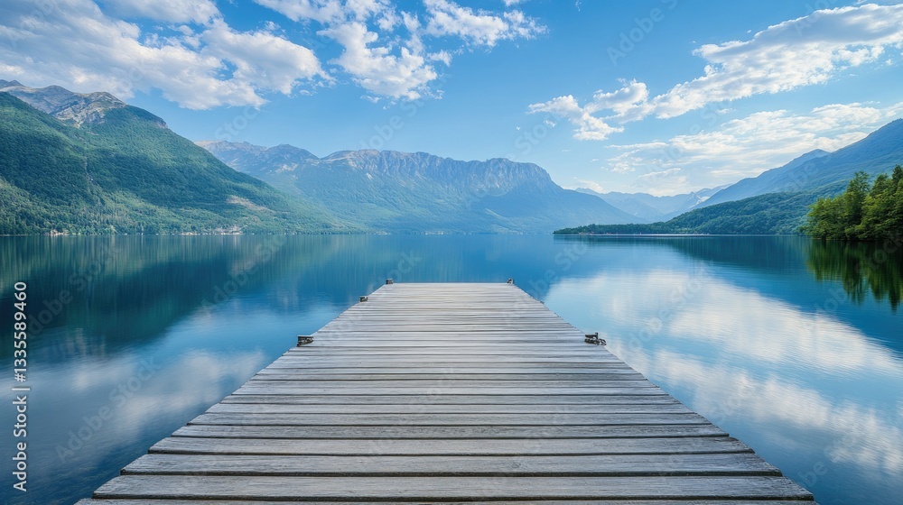 Obraz premium A scenic wooden pier extending into a serene lake, surrounded by mountains, with a clear summer sky and calm waters reflecting the beauty of nature