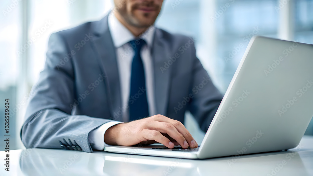 Businessman handling laptop concept Professional man typing on a laptop in a modern office setting. Businessman handling laptop concept Professional man typing on a laptop in a modern office setting.