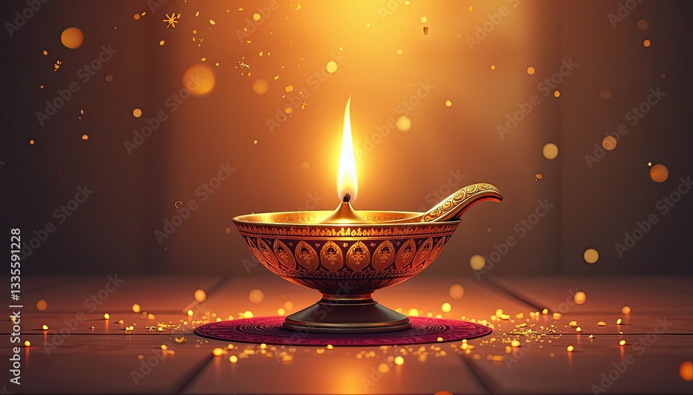 Golden Diyas Illuminating Ugadi Festival's Festive Atmosphere. A golden oil lamp with a lit flame on a wooden surface. Golden Diyas Illuminating Ugadi Festival's Festive Atmosphere. A golden oil lamp with a lit flame on a wooden surface.