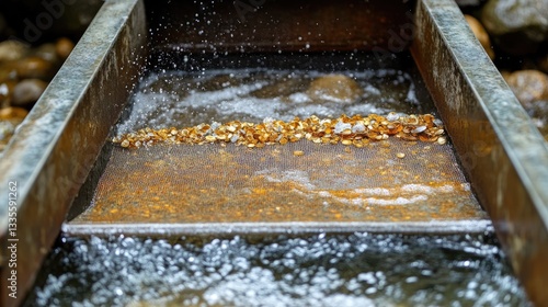 A sluice box in action during gold panning, with clear water running over the screen, helping separate gold particles from the river sediment