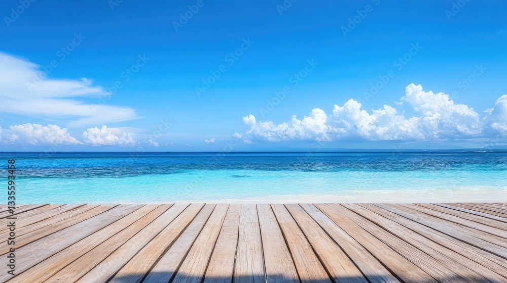 Fototapeta premium A wooden deck on a pristine tropical beach, with the azure sea and cloudless blue sky, creating a serene and inviting atmosphere for relaxation
