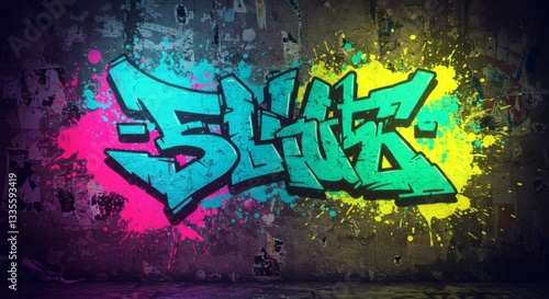 Vibrant Graffiti Art on Grungy Wall Urban Street Art Bold Colors Teal Pink Yellow Splashes