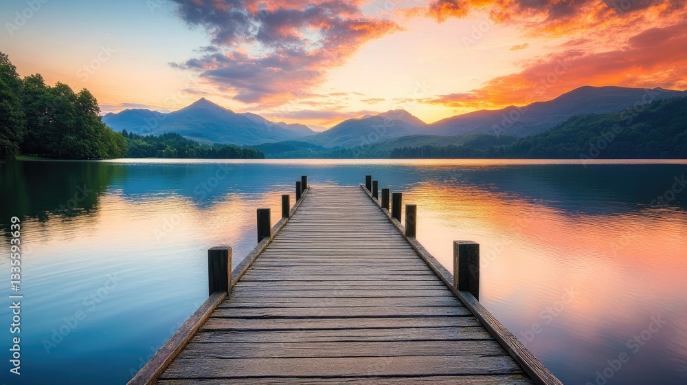 Naklejka premium A wooden pier leading out into a calm lake, with stunning mountain views in the background, creating a picturesque summer landscape with vibrant skies