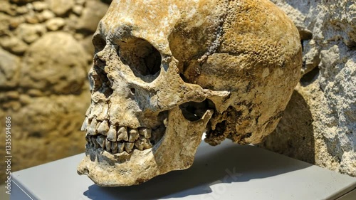Ancient human skull displayed in a museum exhibit from archaeological findings, showcasing early hominin traits and evolution