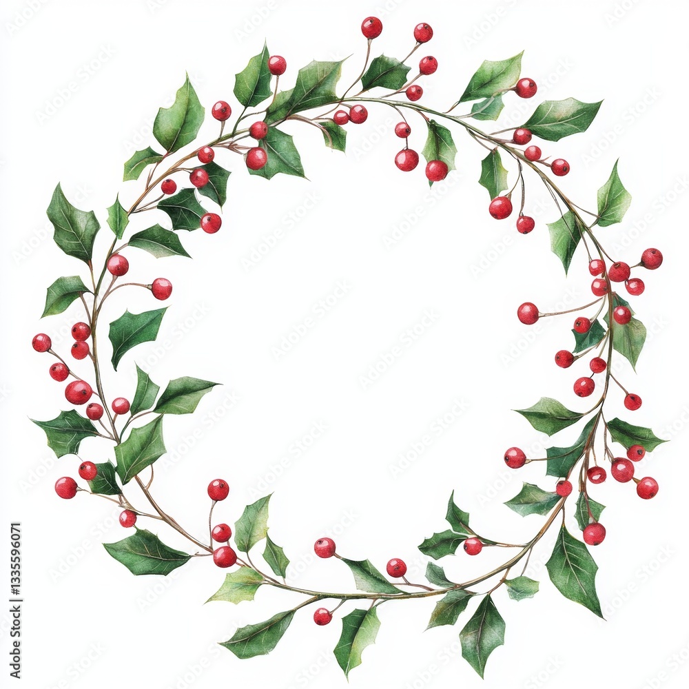 Fototapeta premium Festive Holly Wreath with Bright Red Berries and Green Leaves for Holiday Decoration and Seasonal Festivities