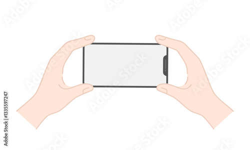 横向きのスマホを両手で持ったイラスト (線画・カラー)
