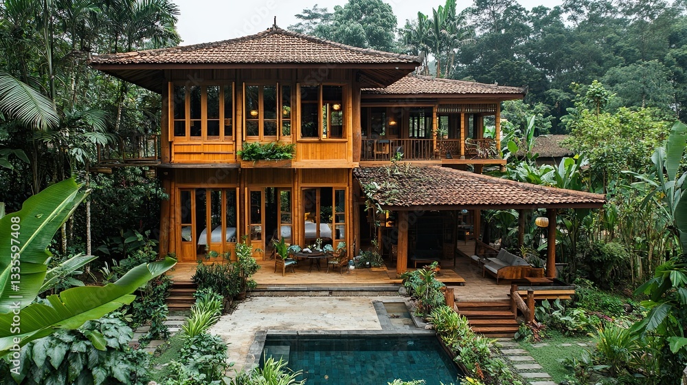 Eco bamboo house in Bali surrounded by tropical plants Eco bamboo house in Bali surrounded by tropical plants