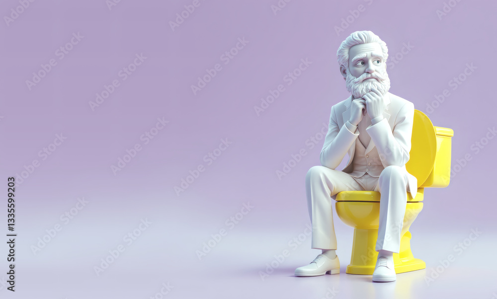 3D Sleek Shiny White Philosopher in Business Suit Thinking on Yellow Toilet, Purple Background, World Philosophy Day Concept 3D Sleek Shiny White Philosopher in Business Suit Thinking on Yellow Toilet, Purple Background, World Philosophy Day Concept