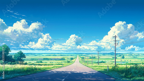 夏の田舎道～青空と入道雲が広がる懐かしい風景～  
