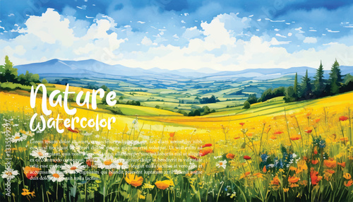 Bright and cheerful watercolor scene of a blooming meadow in spring, with wildflowers and distant rolling hills