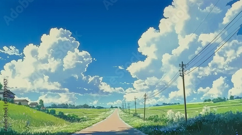 夏の田舎道～青空と入道雲が広がる懐かしい風景～  
