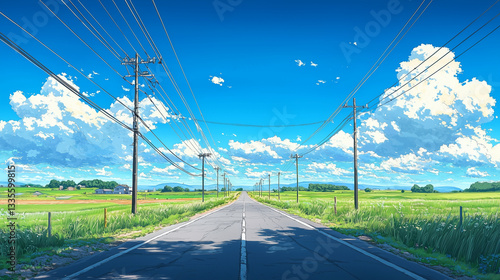 夏の田舎道～青空と入道雲が広がる懐かしい風景～  
