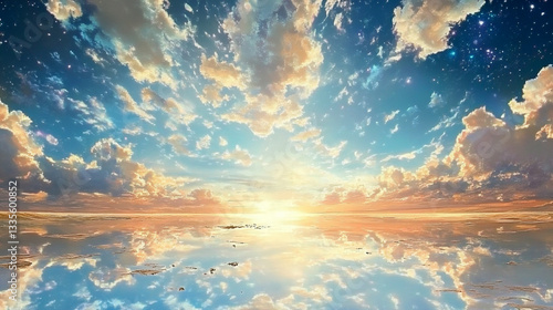 水面に映る幻想的な空のイラスト