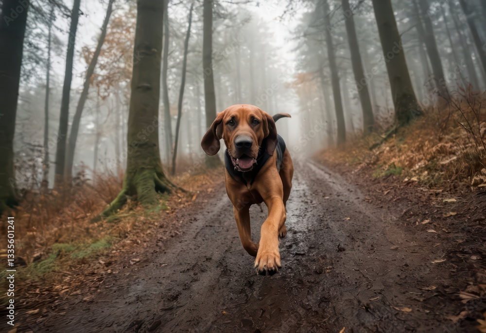 Obraz premium bloodhound running and playing in the countryside, doggy in the natural meadown